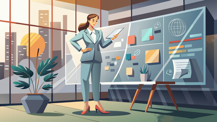 Obraz premium woman in Casual Sweater | Whiteboard Presentation (Sustainable Growth Green Theme)