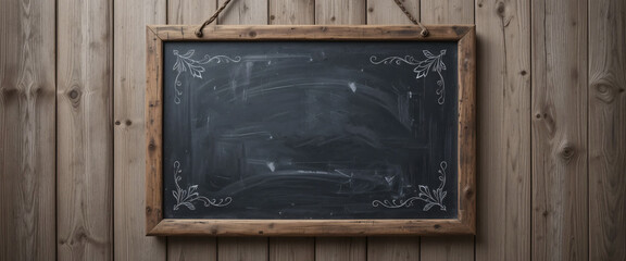 A rustic blackboard with a distressed finish hanging on a wooden backdrop for personalized messages
