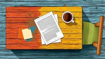 A colorful wooden table with yellow legs divides two areas, red on left and yellow on right.