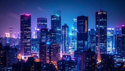 Naklejka premium Nighttime city skyline with glowing windows and streetlights