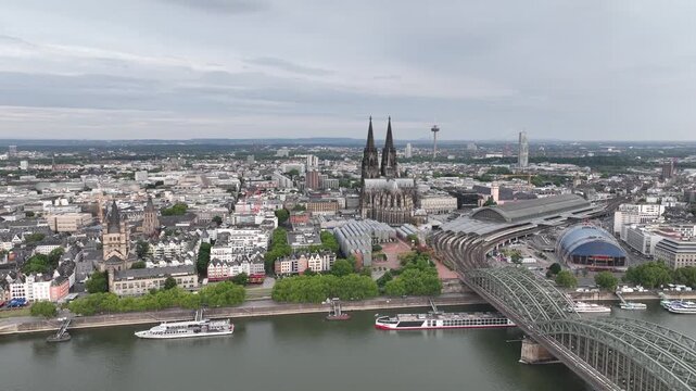 Cologne City Cathedral, Central Train Station, Hbf, Rhine River. Hohenzollern Bridge. Germany, Drone