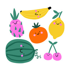 Cute fruit and berry simple doodle style. Cute cartoon Sweet garden food. Healthy vitamin fruits character. Flat vector illustration on white background
