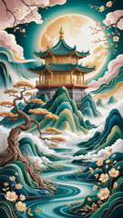 Naklejka premium Ink-style landscape and pavilion artistic conception