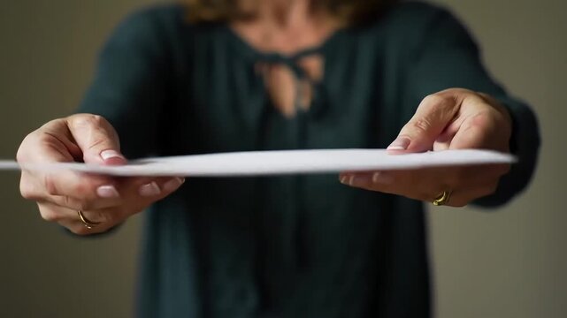 Person extends blank white paper towards viewer. Hands visible, wearing a green blouse against a muted background