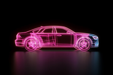 A car is seen as a luminous and transparent wireframe model, outlined in bright neon pink and blue. The futuristic concept car sits against a black backdrop.