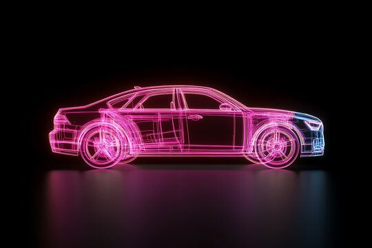 A car is seen as a luminous and transparent wireframe model, outlined in bright neon pink and blue. The futuristic concept car sits against a black backdrop.
