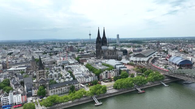 Cologne City Cathedral and Central Train Station, Hbf. Germany, Drone. Rhine River, Great Saint Martin Church