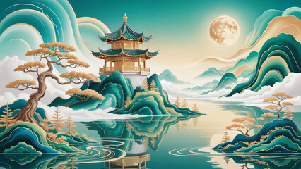 Ink-style landscape and pavilion artistic conception