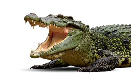 Obraz premium Powerful crocodile with open mouth ready to hunt isolated on white background