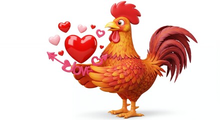 Cartoon rooster holding hearts and love