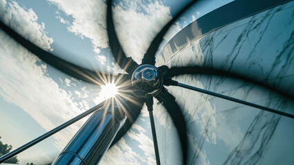 Close-up of a spinning propeller with sunburst effect against a cloudy blue sky and reflective surface with marble pattern