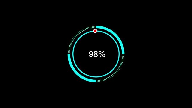 A dynamic cyan color loading animation, and 1 to 98% animation . on a black background. and creating a stunning 4k video.