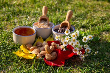 Traditional Ingredients with Flowers on Grass in Natural Light