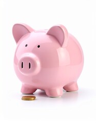 high definition photo object pink piggy bank with coin in white isolated background