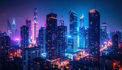 Obraz premium Nighttime city skyline with glowing windows and streetlights