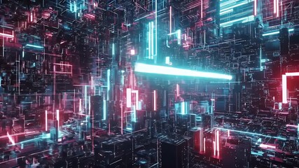 Abstract digital cityscape with neon lights - Powered by Adobe