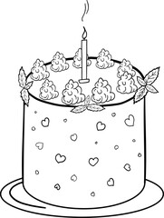 Outline Birthday cake in doodle style. decorated raspberry, hearts, mint and candle on the plate. isolate on white background. Black and white.