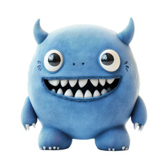Blue cartoon monster with big eyes and sharp teeth standing on a plain background on transparent background