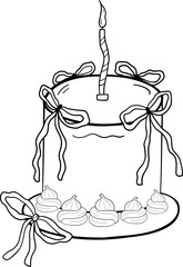 Cake vector illustration isolate on white background in doodle style. Cake on the plate and decorated cream, bows and candle. Cake for celebration, marriage, cafe. icon cake.