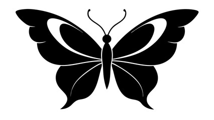 Elegant black silhouette of a butterfly with open wings and intricate wing patterns on a white background