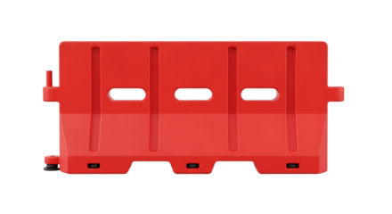 A bright red plastic construction barrier stands isolated against a white backdrop