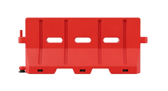 A bright red plastic construction barrier stands isolated against a white backdrop