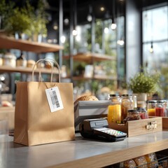 grocery checkout counter with blank shopping bag and barcode scanner