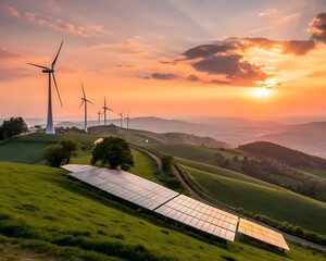 Obraz premium Wind Turbines and Solar Panels on Rolling Hills at Sunset