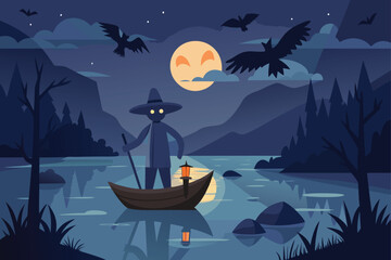 Spooky Boat Ride Under Full Moon Vector