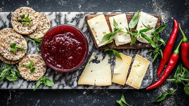 Chili jam gourmet spread crackers cheese board marble platter red peppers spicy condiment premium restaurant appetizer upscale dining