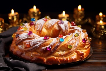 Delicious roscon de reyes cake, adorned with candied fruits, sits on a wooden table, illuminated by warm candlelight, creating a festive atmosphere