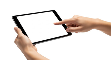 Two adult hands with neutral medium skin tone holding a sleek black digital tablet horizontally, right index finger touching its blank white screen, isolated on a transparent background with copy