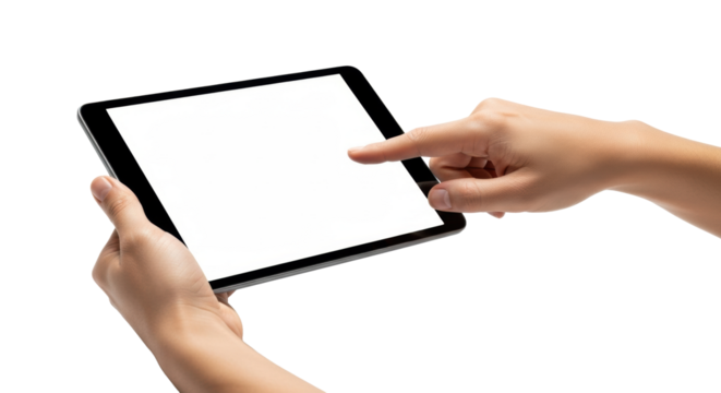 Two adult hands with neutral medium skin tone holding a sleek black digital tablet horizontally, right index finger touching its blank white screen, isolated on a transparent background with copy - Powered by Adobe