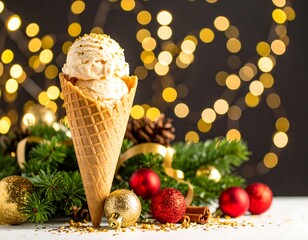 Creamy ice cream cone with holiday decorations