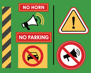 Bold vector road safety signs set featuring no horn and speed limits