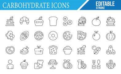 Icons for Carbohydrates, Breads, Fruits, and Snacks for Diet and Nutrition Projects