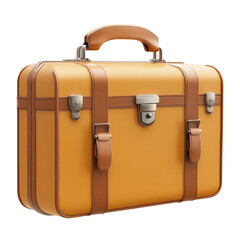 Classic yellow leather suitcase perfect for travel or storage with sturdy brown straps and a secure lock system from various angles on transparent background