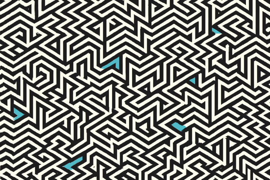 Intricate black and white geometric maze pattern with scattered blue accents creating a complex visual puzzle background.