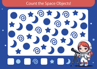 A fun "Count the Space Objects!" game for kids, featuring an astronaut girl with a telescope and various  space shapes on a starry background. Preschool vector template, ideal for educational activiti