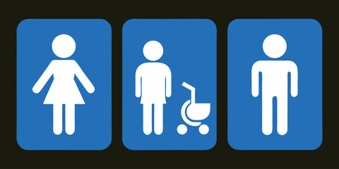 Clean blue square restroom signage icons featuring white male female and unisex pictograms