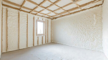 Room insulation with spray foam between wooden beams.  New energy-efficient construction. Walls and ceiling are fully insulated in a construction project.