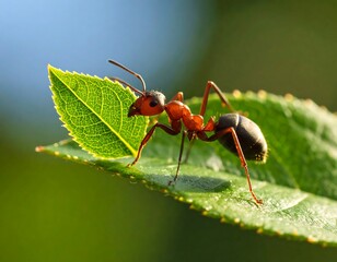 Ant on leaf, bright sunlight