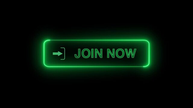  Neon glowing Join now button animation on transparent background. Join now button click  animation. button with icon animation concept. Join now Glowing neon text animation
