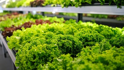 Rows of Fresh Green and Red Leaf Lettuce in an Indoor Vertical Farm