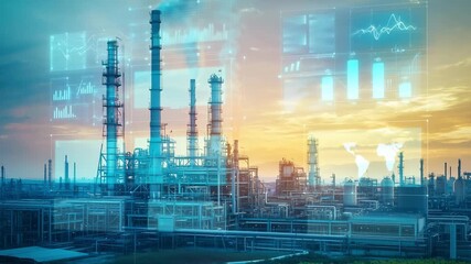 An industrial complex rises at sunrise, featuring smokestacks and digital overlays illustrating data analytics and technology - Powered by Adobe