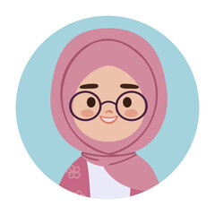 Smiling Muslim girl with glasses wearing a pink hijab. Avatar in flat design style on blue circle background. Ideal for childrens education, cultural diversity and user profiles.
