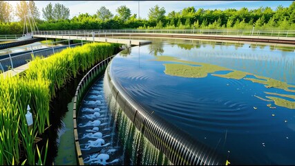 Aerial view of a sustainable closed-loop water treatment and conservation system merging nature and technology harmoniously - Powered by Adobe