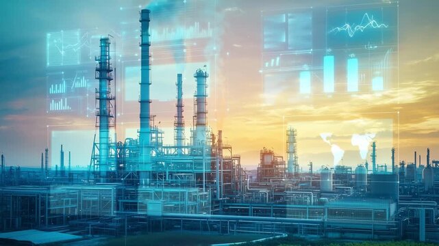 An industrial complex rises at sunrise, featuring smokestacks and digital overlays illustrating data analytics and technology