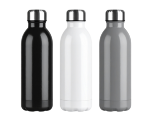 A - Floating Monochrome Water Bottles in Motion with Light Shadows, Transparent Background