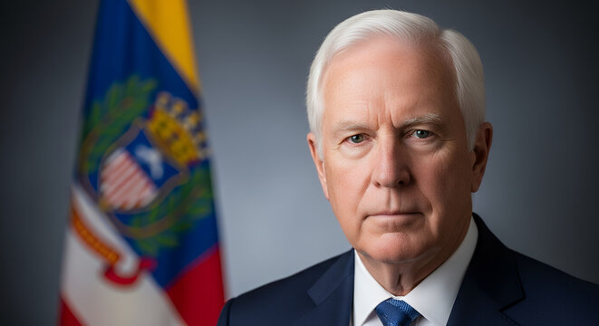 Portrait of a mature man with white hair and a blue suit next to the Venezuelan flag